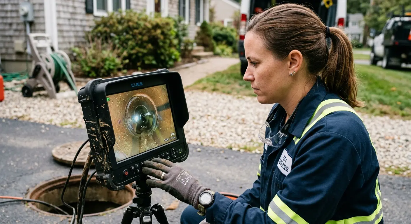 Technician reviewing sewer camera inspection footage in Lodi