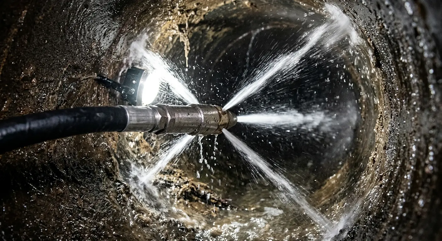 High-pressure hydro jetting nozzle cleaning sewer pipe for Sewer Cleanout in Lodi