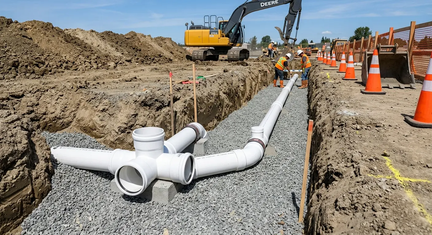 New PVC sewer pipe installation in open trench for Sewer Backup in Lodi